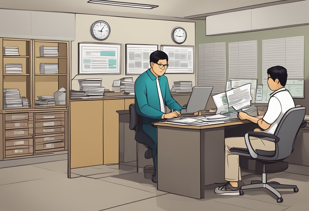 A moneylender's office in Singapore, with a licensed sign displayed prominently. A customer fills out paperwork while the moneylender explains terms and conditions