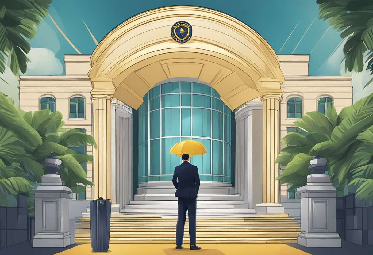 A vigilant shield surrounds a licensed money lender, symbolizing protection against malpractices in regulated Singapore