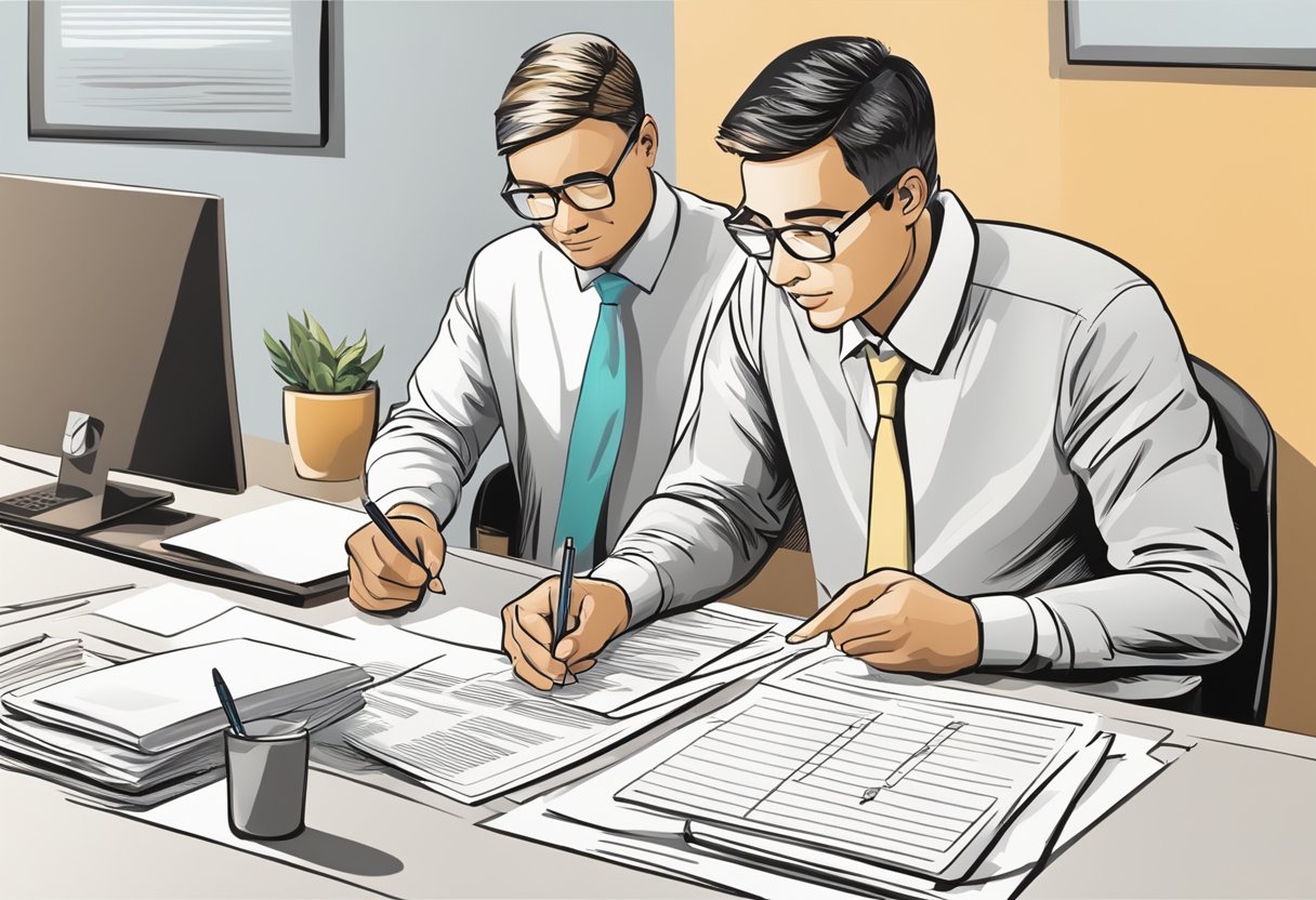 A customer sits at a desk, filling out a loan application form. A money lender assists them, explaining services offered
