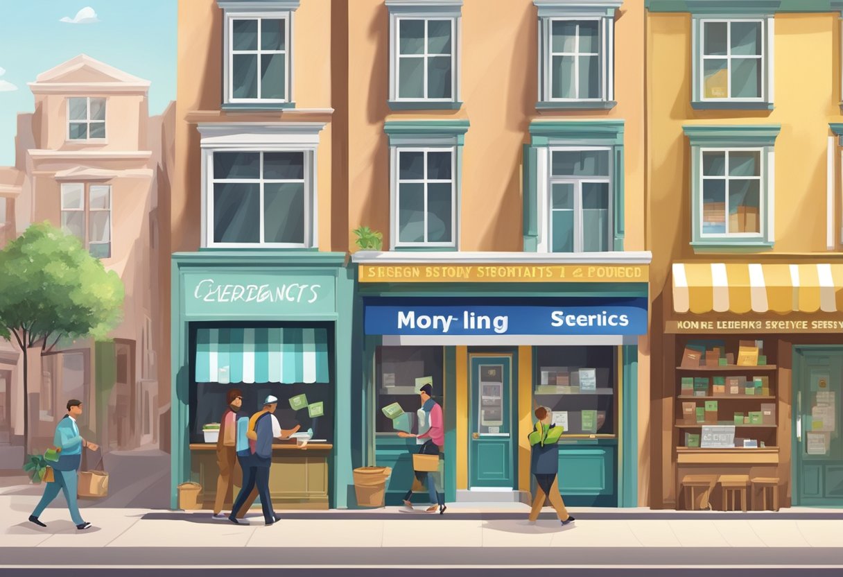 A row of small, nondescript storefronts with signs advertising money lending services. People come and go, exchanging money and signing papers