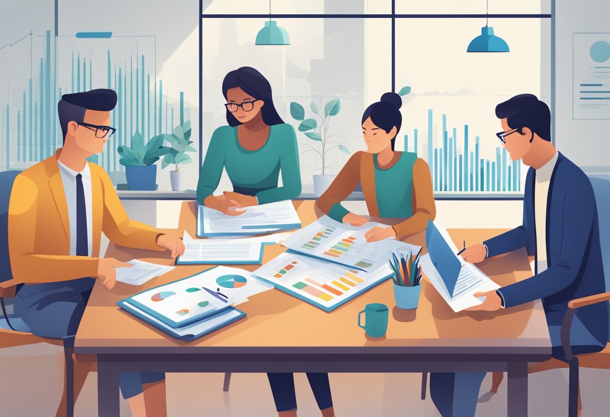 A group of people gather around a table, examining documents and discussing financial matters. Charts and graphs are spread out, showing data on loan rates and customer reviews
