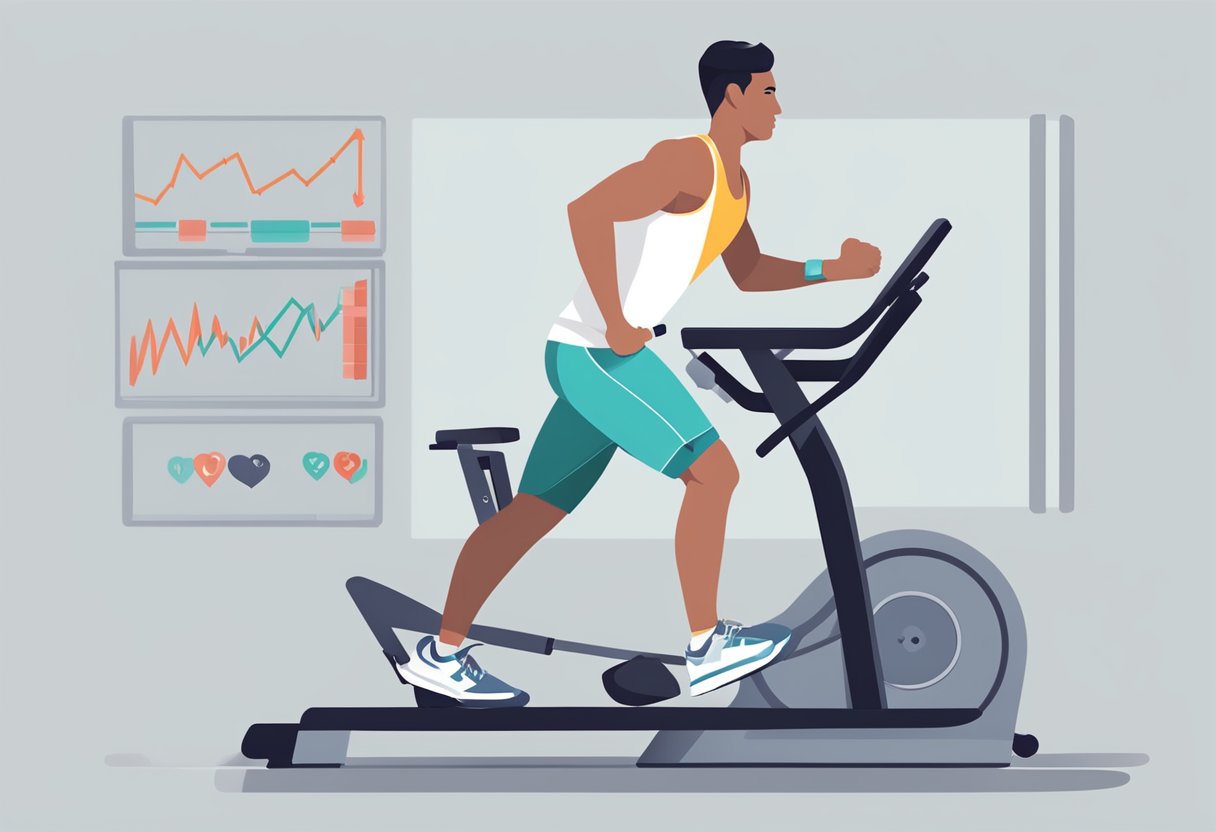 A person's heart rate increases during aerobic exercise. The individual is engaged in a workout, with a visible rise in their heart rate depicted on a monitor