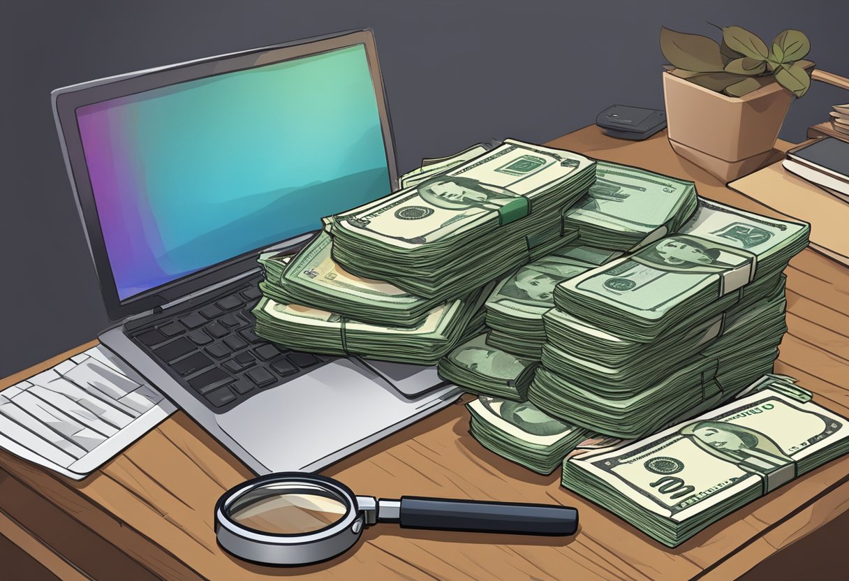 A stack of British currency sits on a wooden desk, with a magnifying glass beside it. A laptop displaying a review of UK money lenders is open in the background