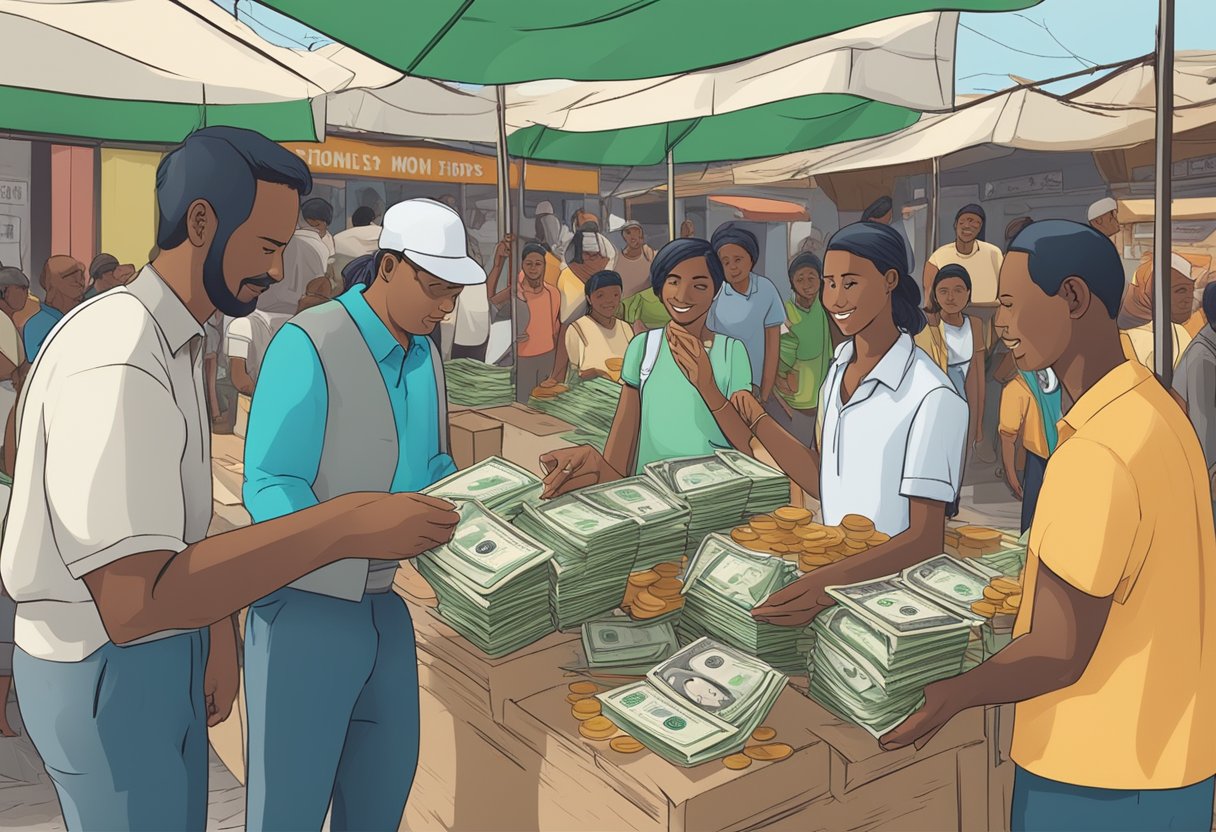 A group of people exchanging money and signed documents in a local marketplace, with a prominent sign displaying "Local Money Lenders."