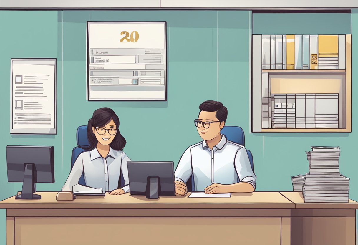 A customer service desk with a sign "Frequently Asked Questions" at a Pasir Ris money lender office