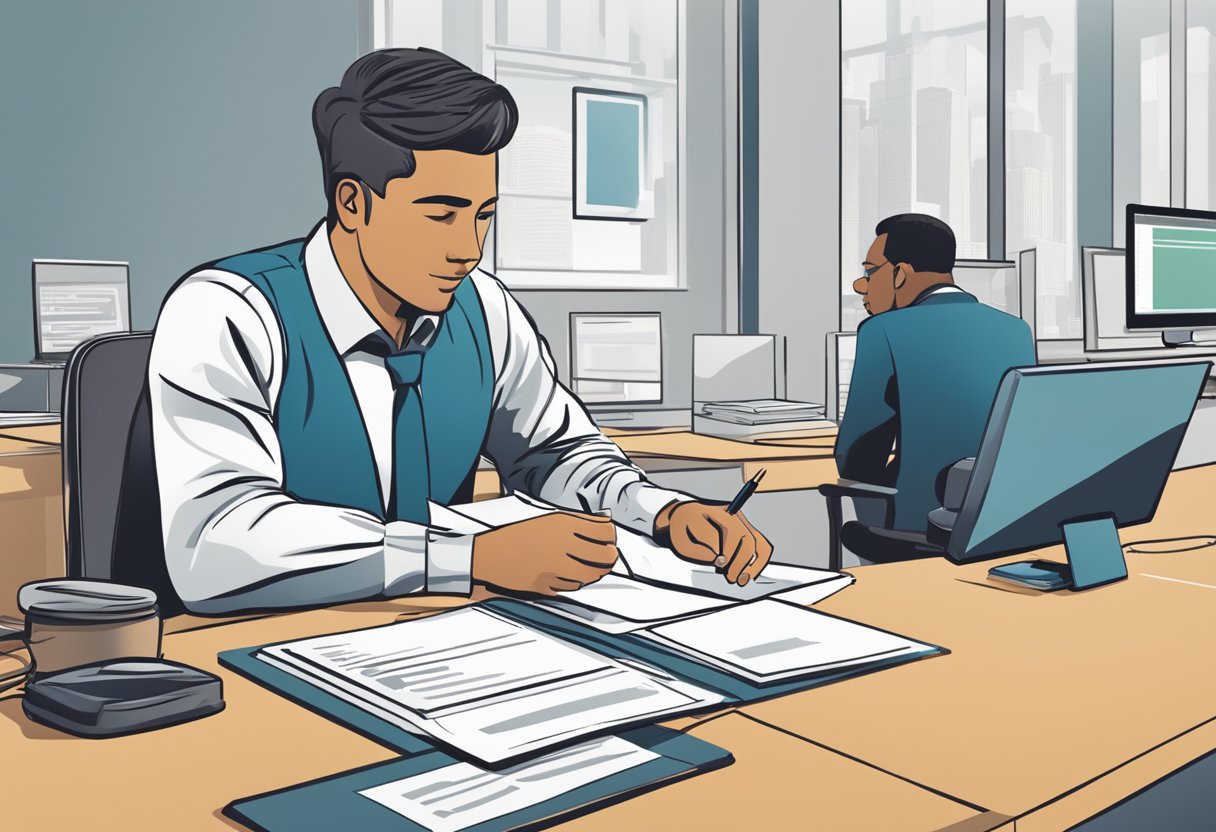 A person sitting at a desk, filling out paperwork with a pen, while talking to a bank representative. A computer screen shows the loan application process