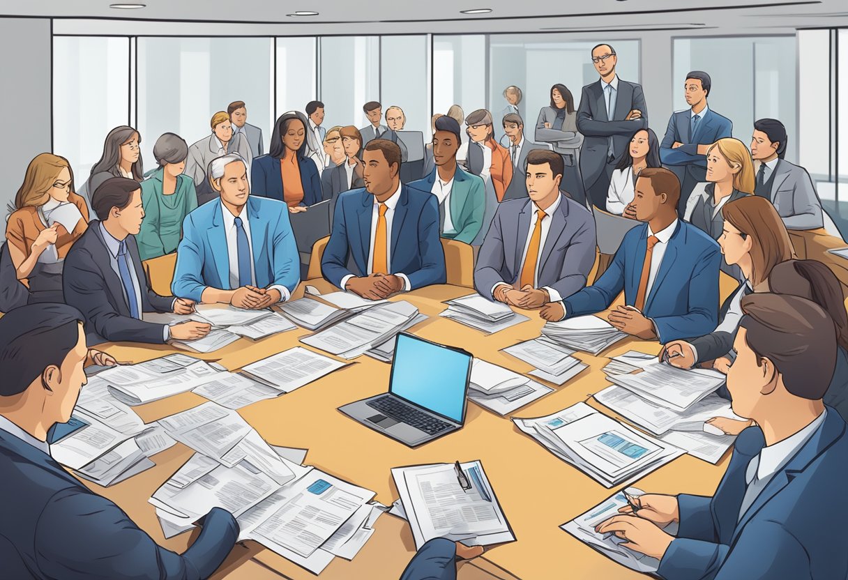 A group of licensed money lenders gather at a conference, surrounded by regulatory documents and professional standards guidelines