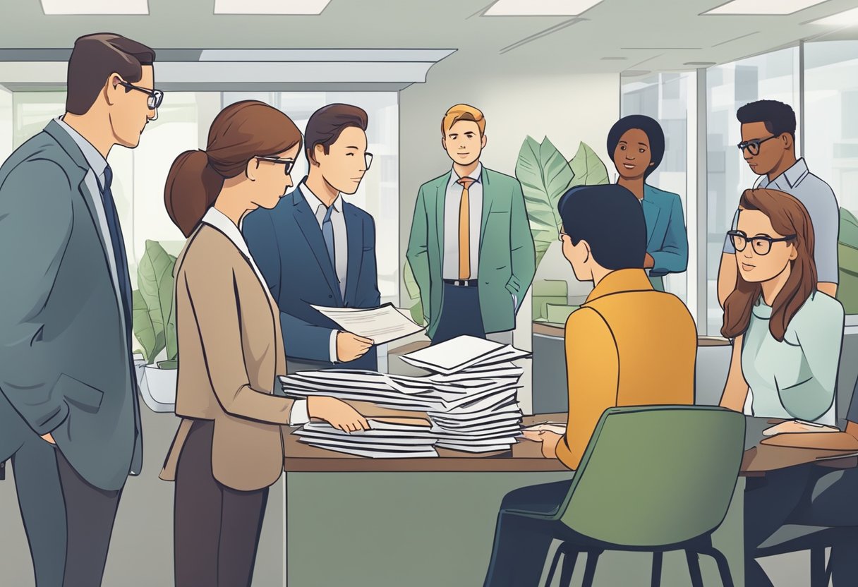 A group of people standing in line, holding various documents and paperwork, while talking to a money lender. The lender is sitting behind a desk, answering questions and reviewing loan applications