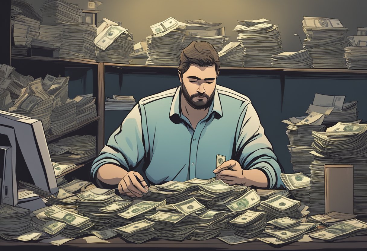 A local moneylender counting cash at a cluttered desk in a dimly lit room. Papers and ledgers strewn about, with a worn-out sign displaying interest rates