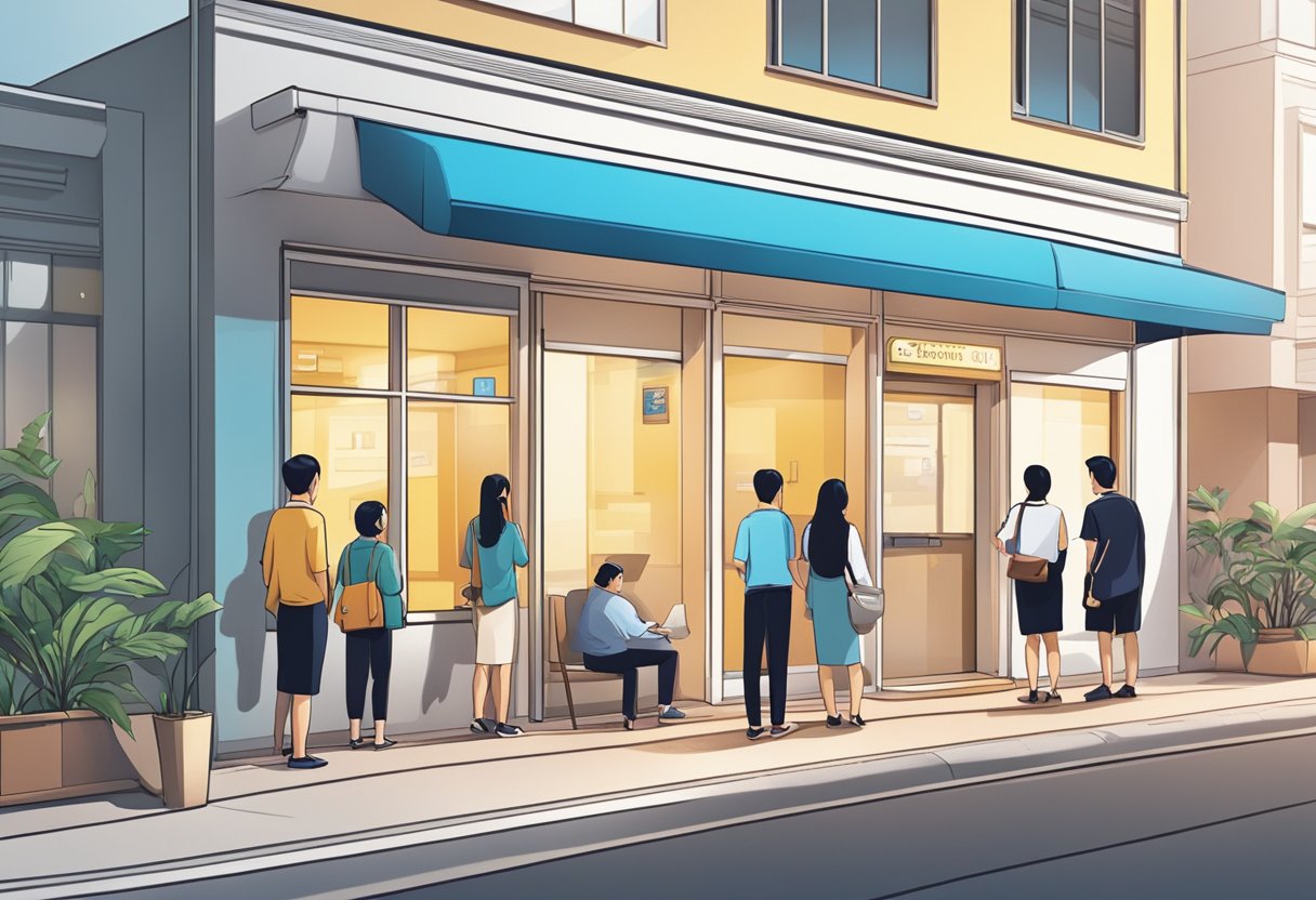 A licensed money lender's office in Yishun, Singapore, with a signboard and a queue of customers waiting outside