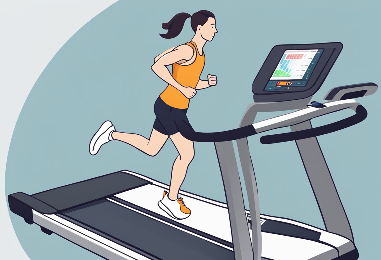 A person is jogging on a treadmill, wearing a heart rate monitor. The monitor displays the heart rate increasing as the person's pace quickens