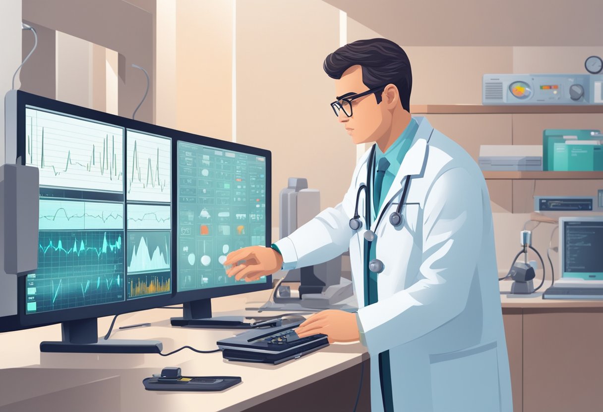 A cardiologist in a lab coat examines a heart monitor display with various medical equipment in the background