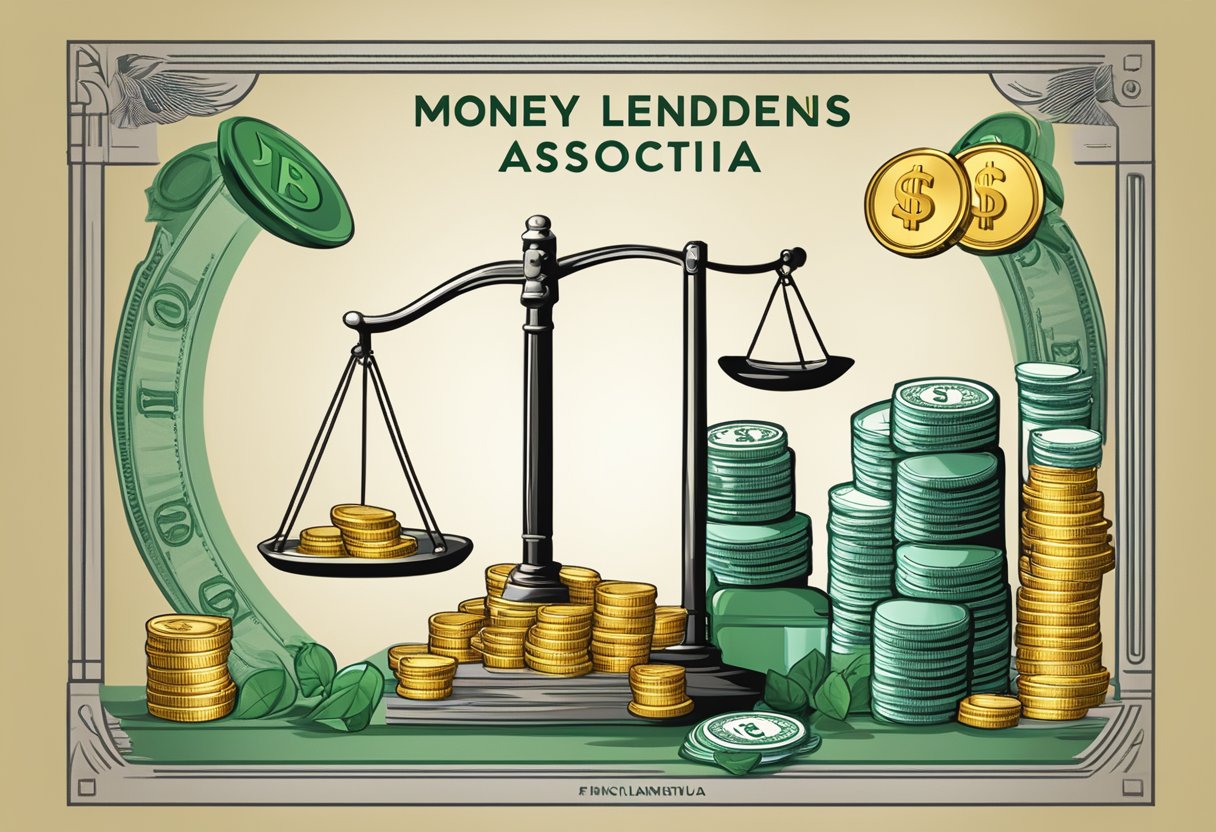 The licensed money lenders association logo is displayed prominently on a banner, with a stack of coins and a scale symbolizing financial balance