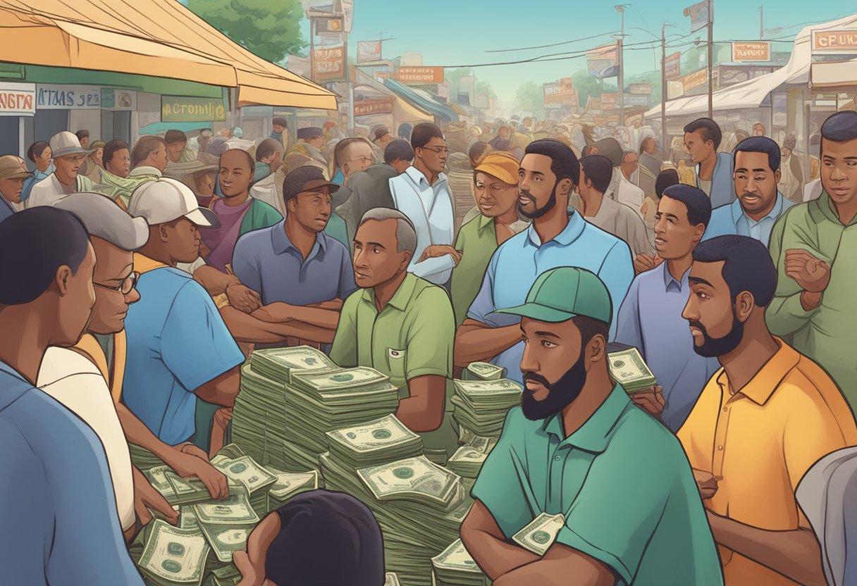 Local money lenders answering common questions in a crowded market setting