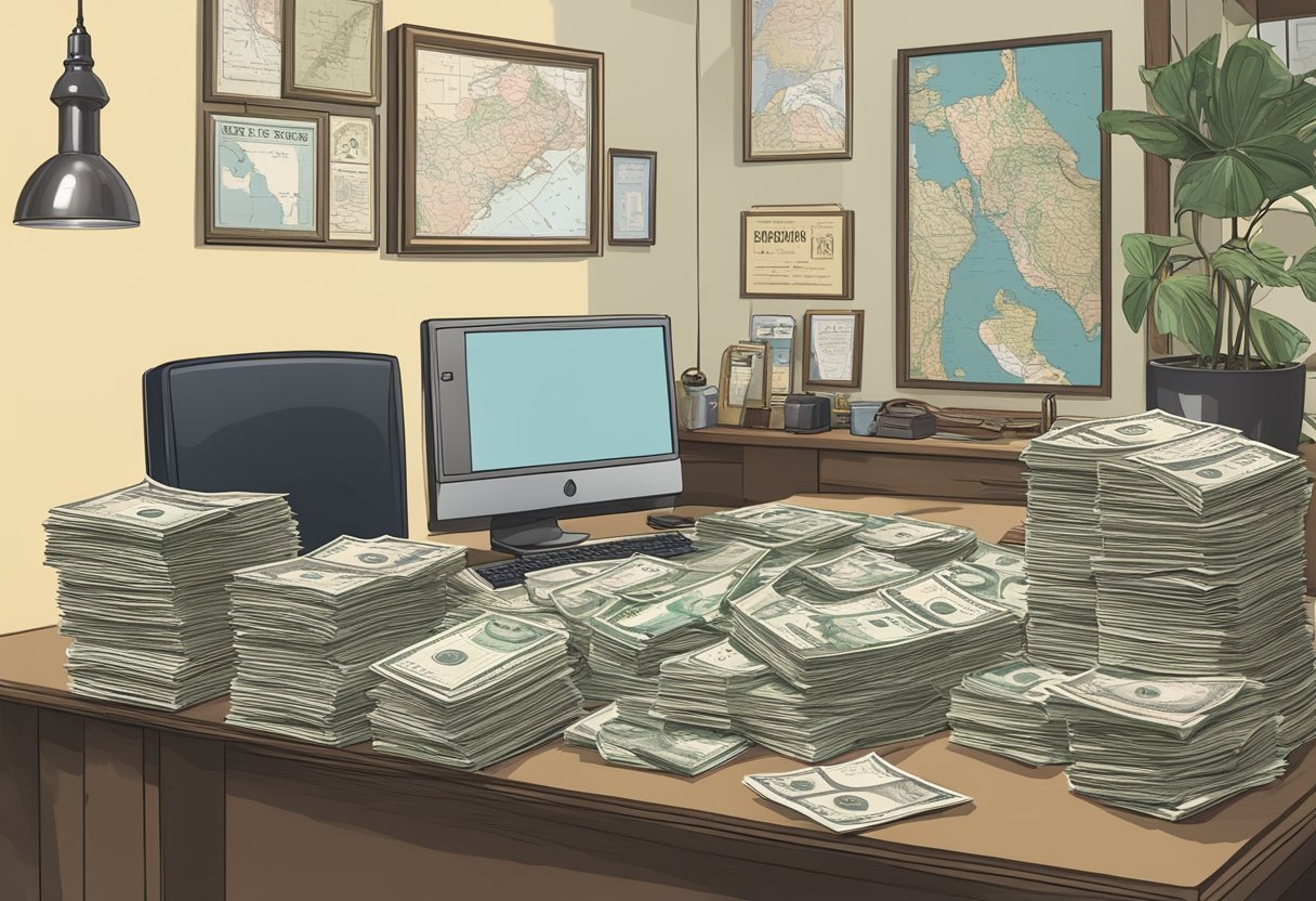 A cluttered desk with a stack of receipts, a vintage money lender sign, and a map of Singapore