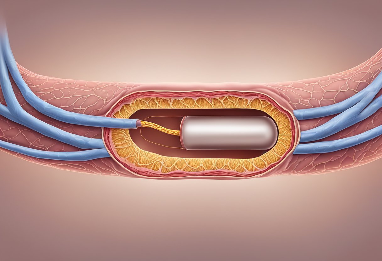 A narrowed coronary artery with a stent inside, surrounded by inflamed tissue and plaque buildup