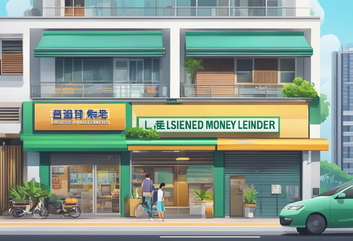 A signboard with "Licensed Money Lender" in bold letters, located in Yishun, Singapore. Surrounding buildings and street signs indicate a bustling urban area
