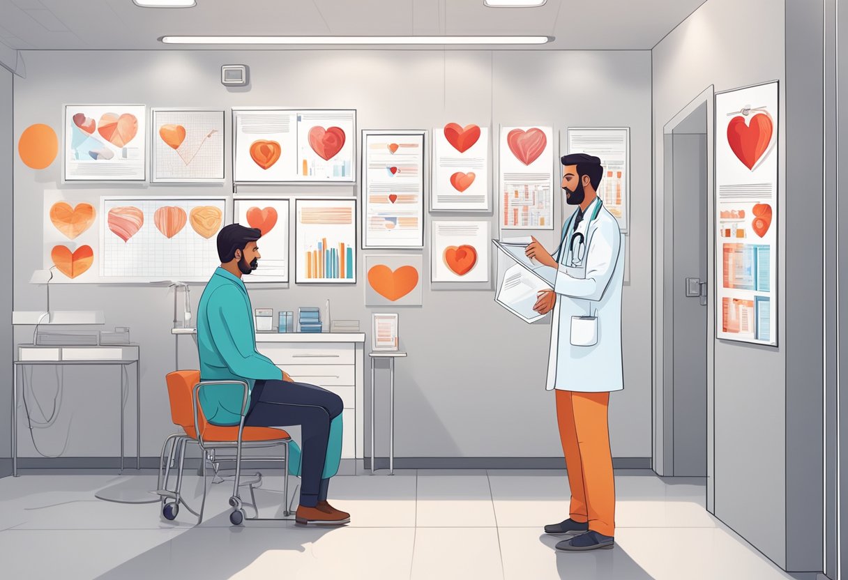 A doctor discusses preventive cardiology with a patient in a bright, modern clinic. The walls are adorned with heart health posters and diagrams