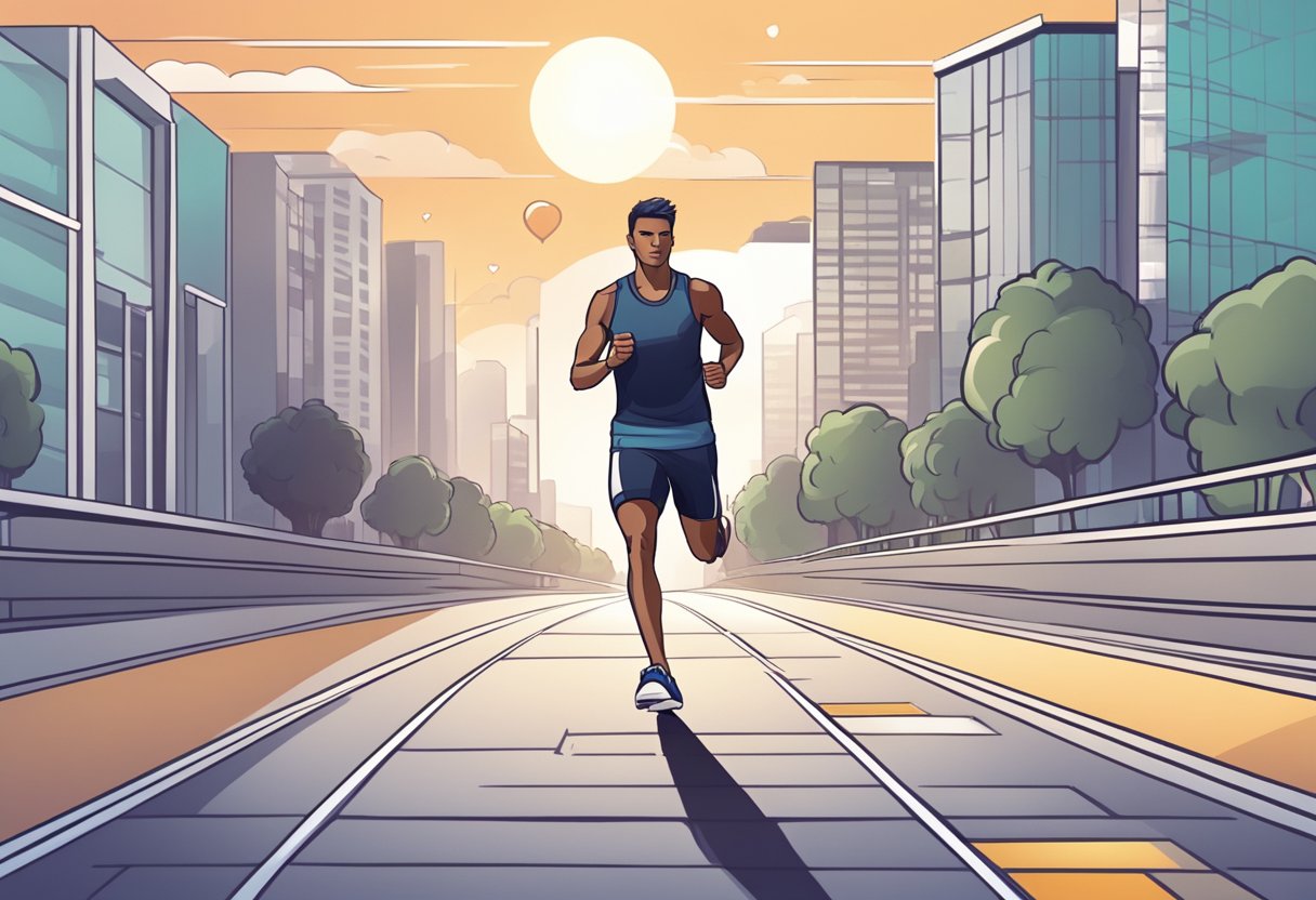 A person wearing a fitness tracker while jogging, with a heart rate monitor displaying elevated numbers