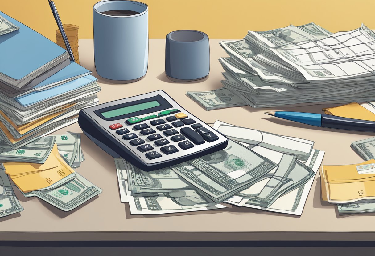 A cluttered desk with a calculator, pen, and stacks of cash. A receipt from Tai Long Money Lender in Singapore is prominently displayed