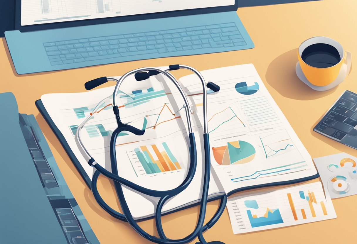 A stethoscope rests on an open textbook beside a laptop showing a graph of heart rate variability. Posters on the wall display anatomical diagrams and exercise guidelines