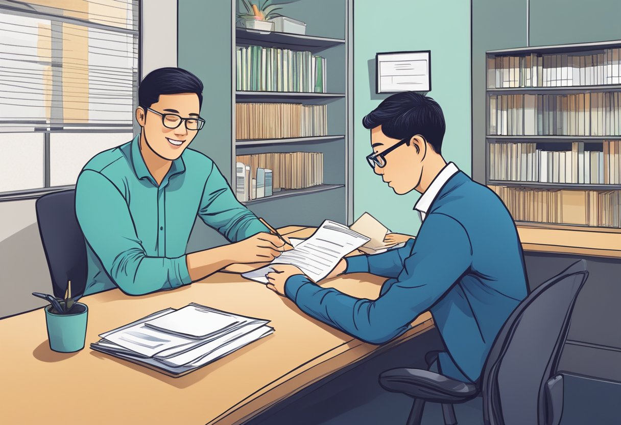 A customer sitting at a desk, filling out paperwork while a staff member assists them at a licensed money lender in Yishun, Singapore