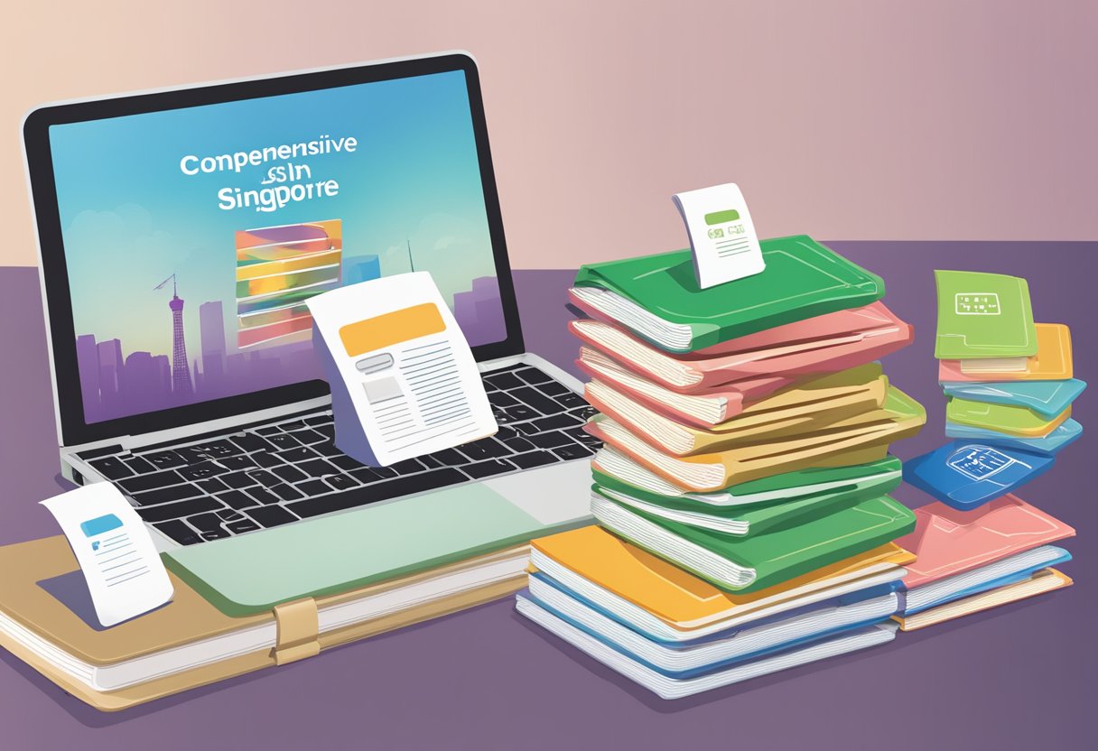 A stack of loan options brochures on a desk with a laptop and calculator. A sign reads "Comprehensive Guide to Loan Options in Singapore" above a logo for Toast Money Lender