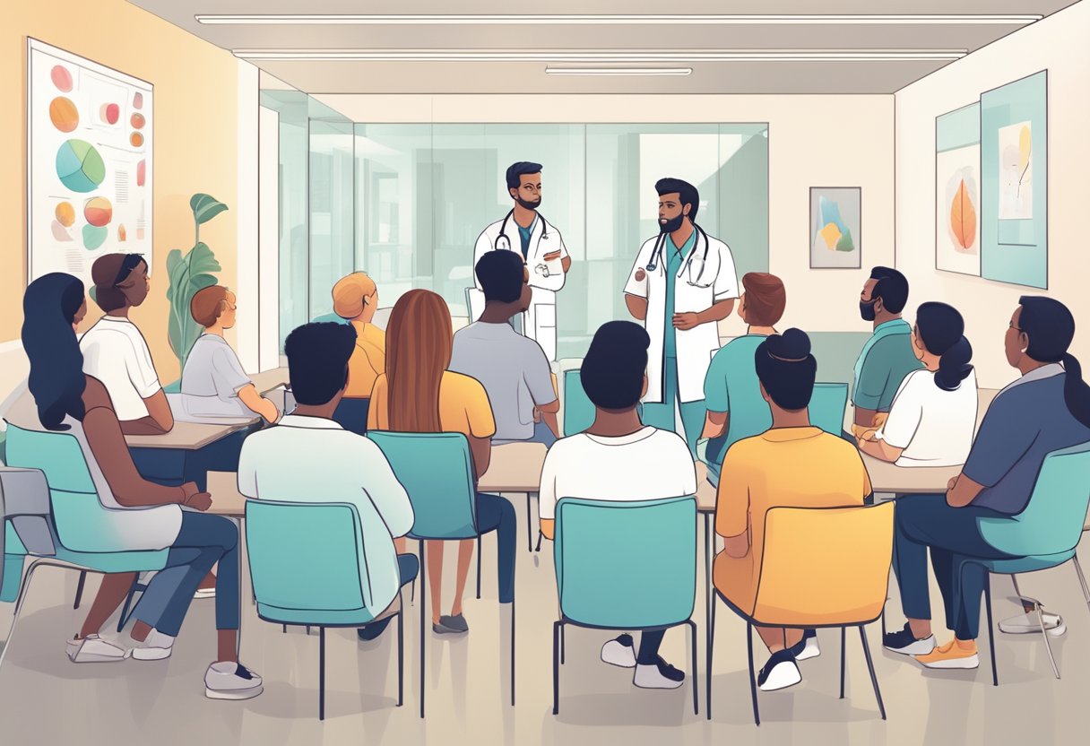 A doctor explaining cardiology FAQs to a group of attentive patients in a bright, modern clinic setting