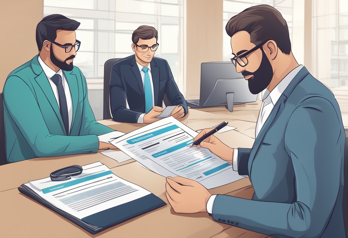 A borrower signs a loan agreement with a money lender, receiving a receipt for the transaction. Legal documents and borrower protections are displayed in the background