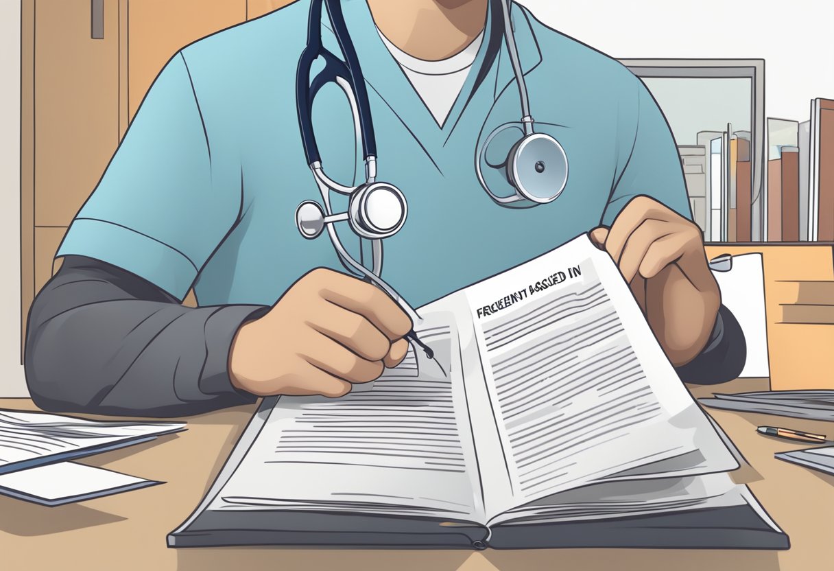 A person reading a pamphlet titled "Frequently Asked Questions in Preventive Cardiology" with a stethoscope and heart diagram in the background