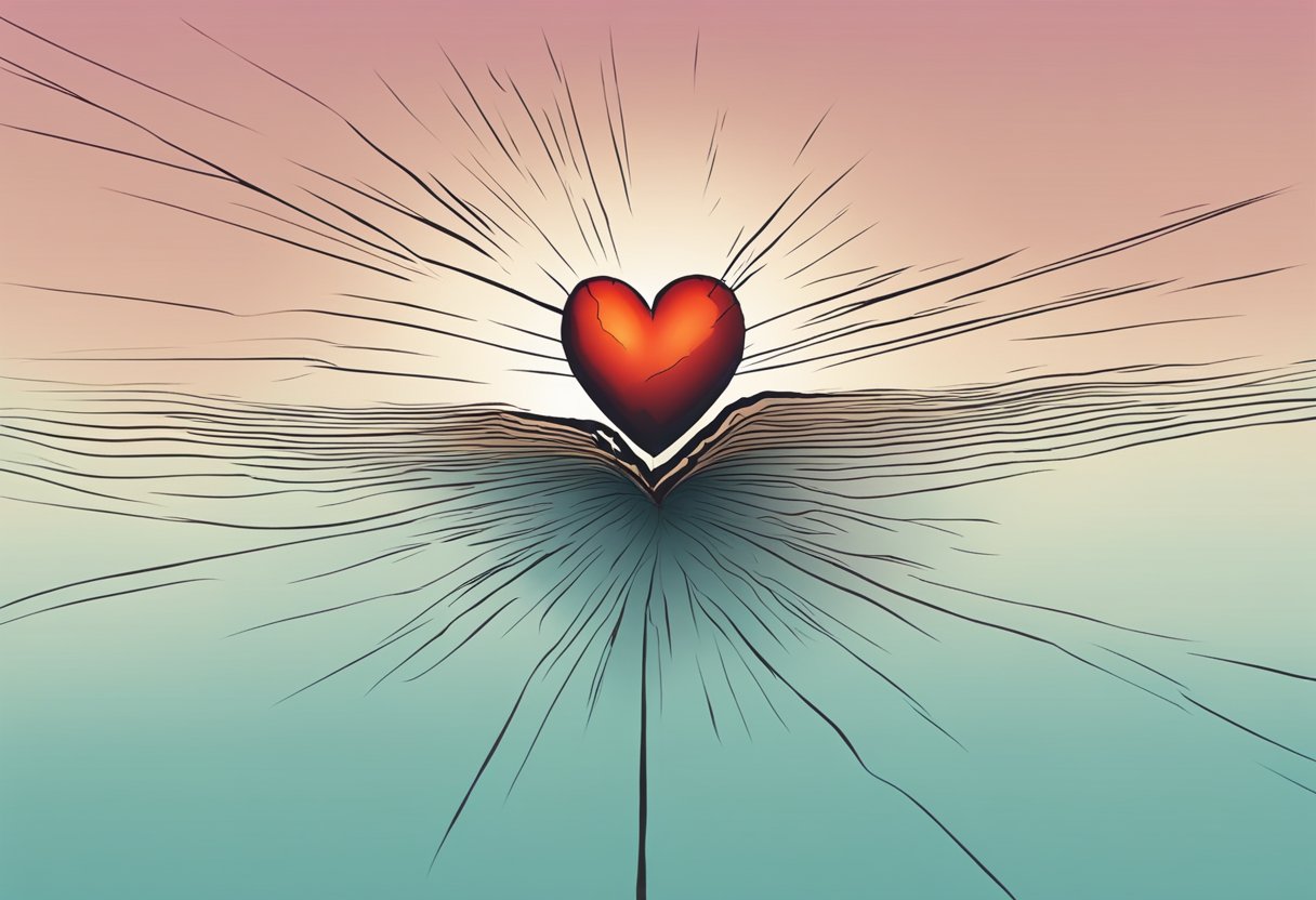 A heart with a crack running through it, surrounded by a shadow of another heart looming in the background