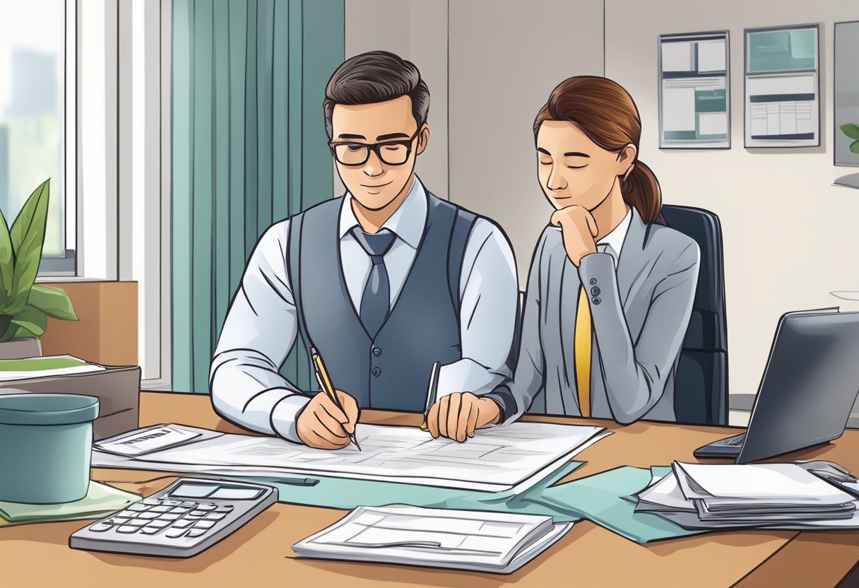 A person signing a loan agreement with a licensed moneylender in an office setting, with paperwork and a calculator on the desk