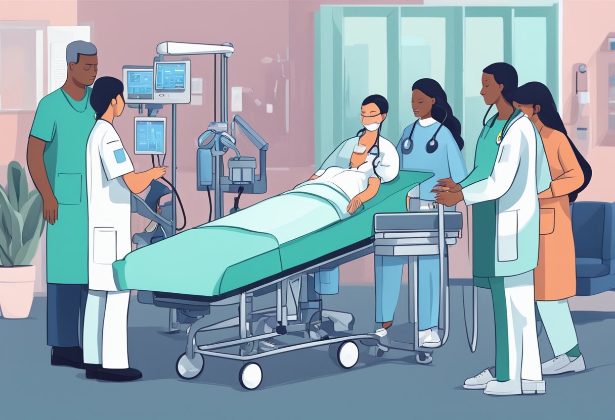 A person receiving medical care, surrounded by hospital equipment and healthcare professionals, with a focus on heart health monitoring and treatment