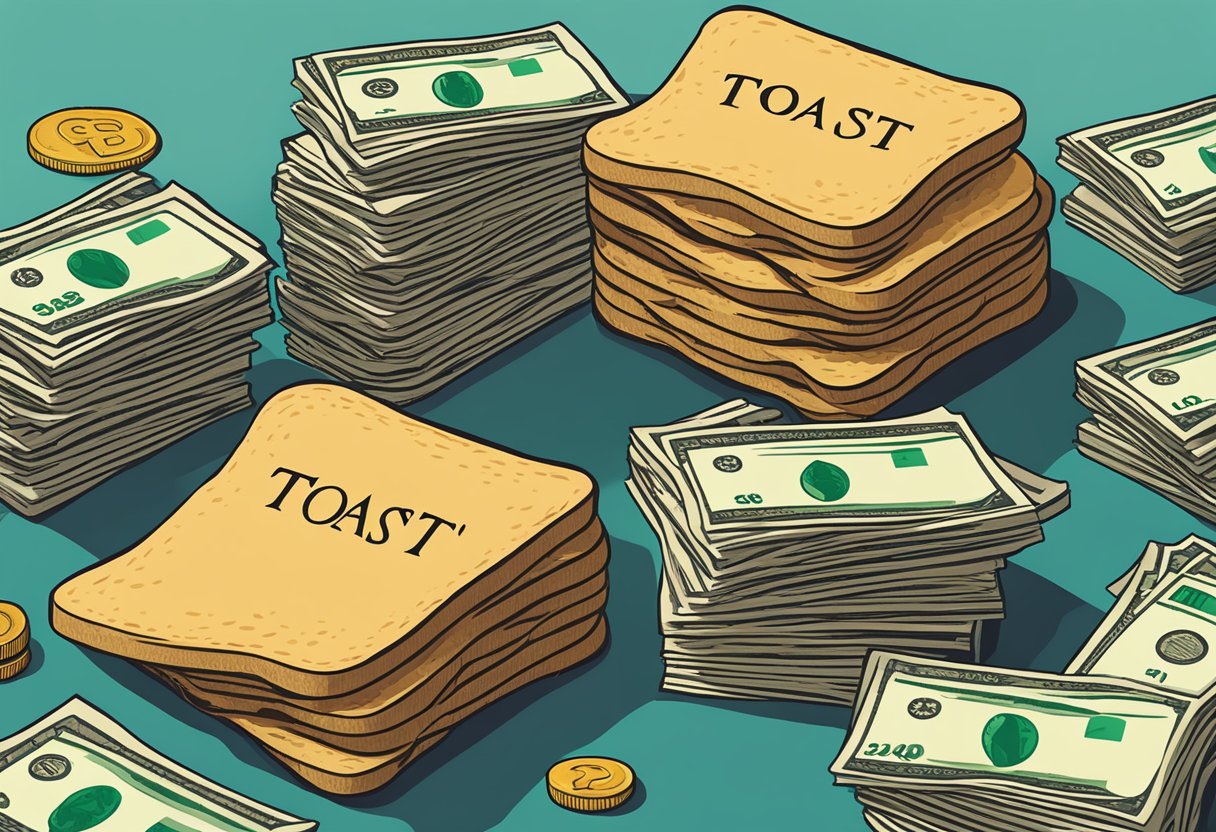 A stack of toast with "Frequently Asked Questions" printed on them, surrounded by stacks of money, and a figure representing a money lender