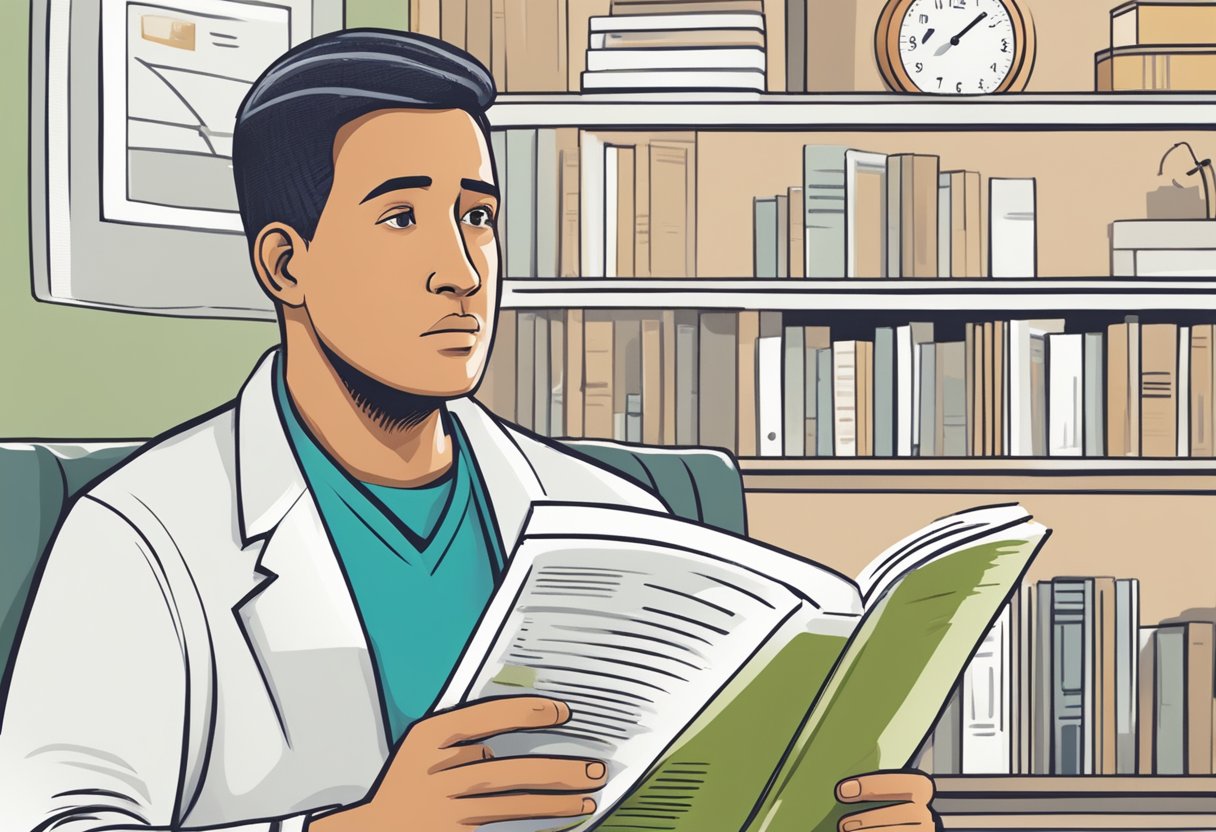 A person reading a pamphlet titled "Frequently Asked Questions: Chances of Second Heart Attack" with a concerned expression on their face