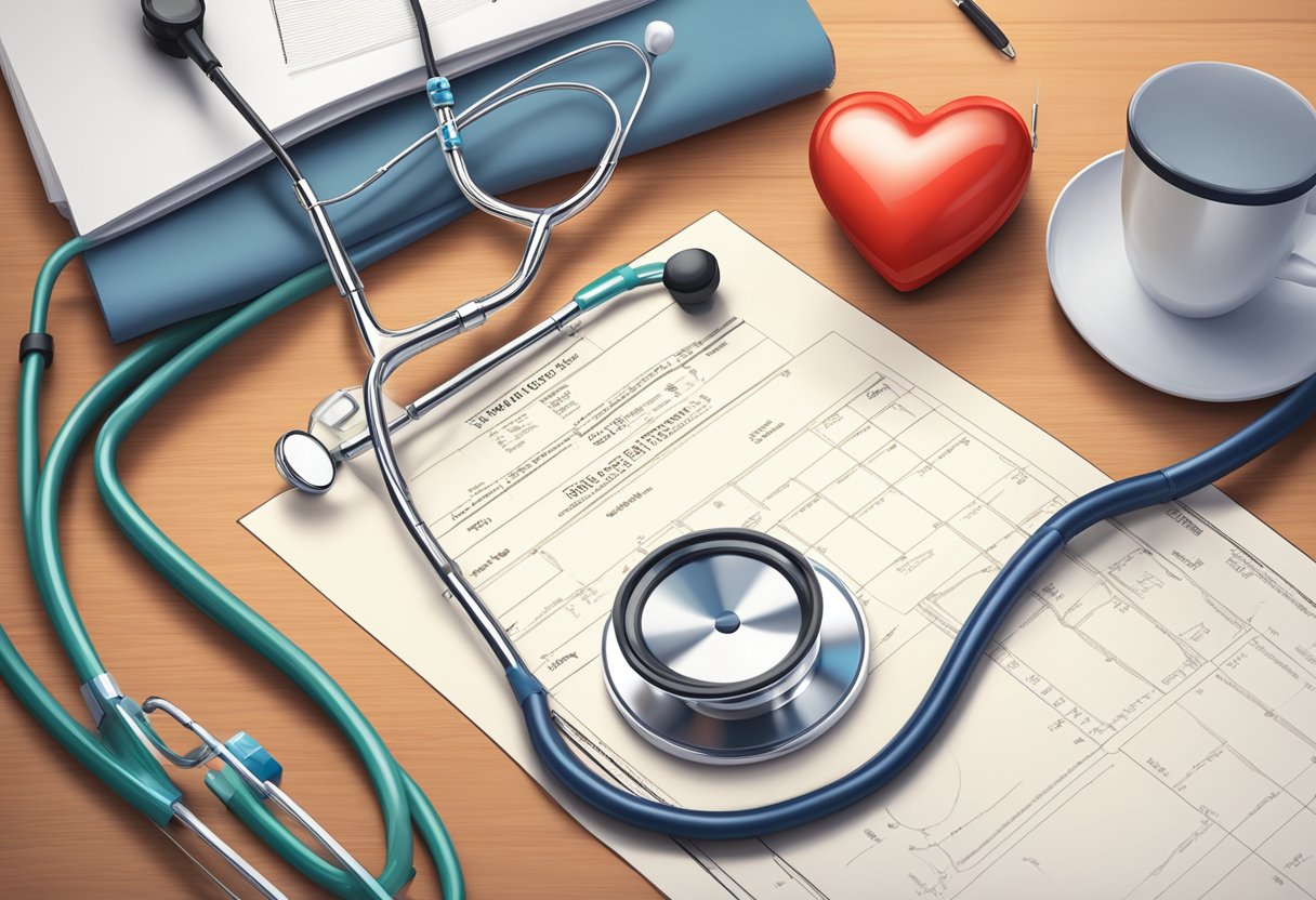 A stethoscope rests on a desk beside a medical chart and heart monitor, with a framed diploma hanging on the wall