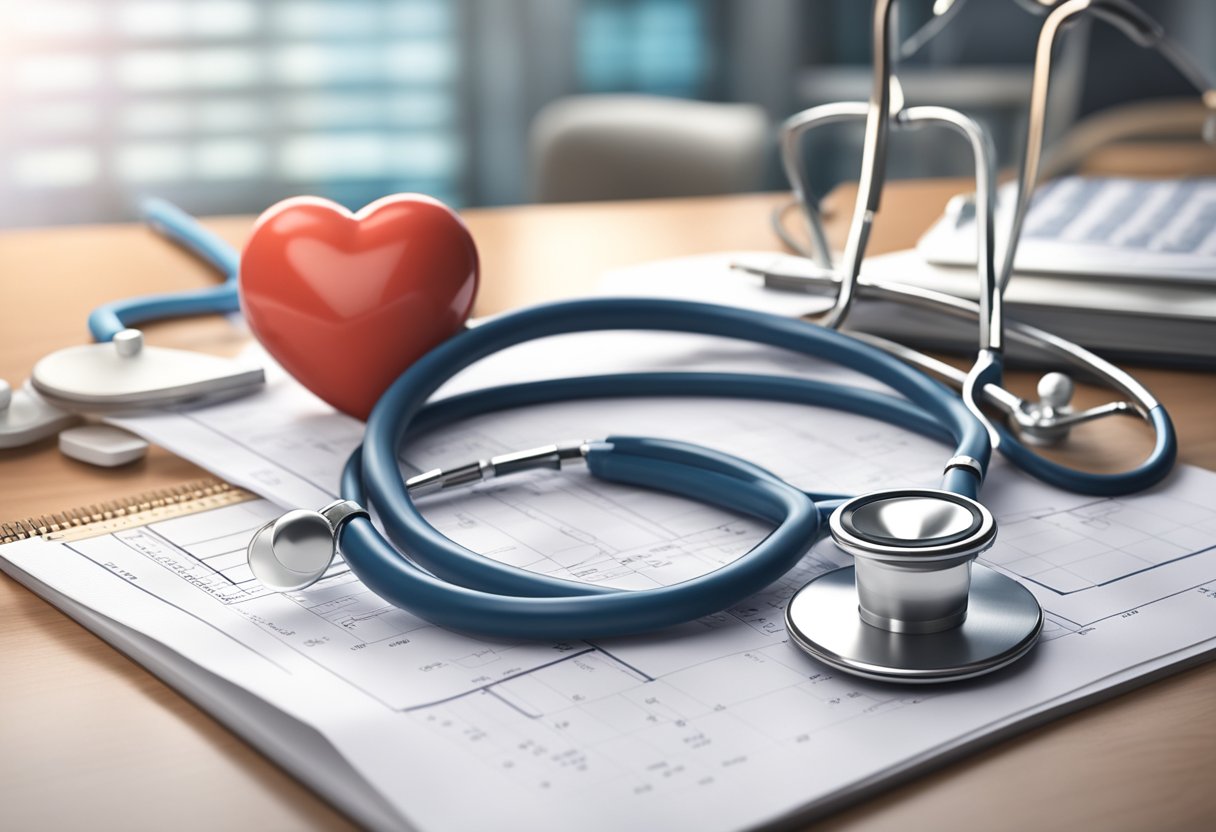 A stethoscope rests on a desk next to a stack of medical charts and a heart model, symbolizing the focus on heart disease and conditions in cardiology