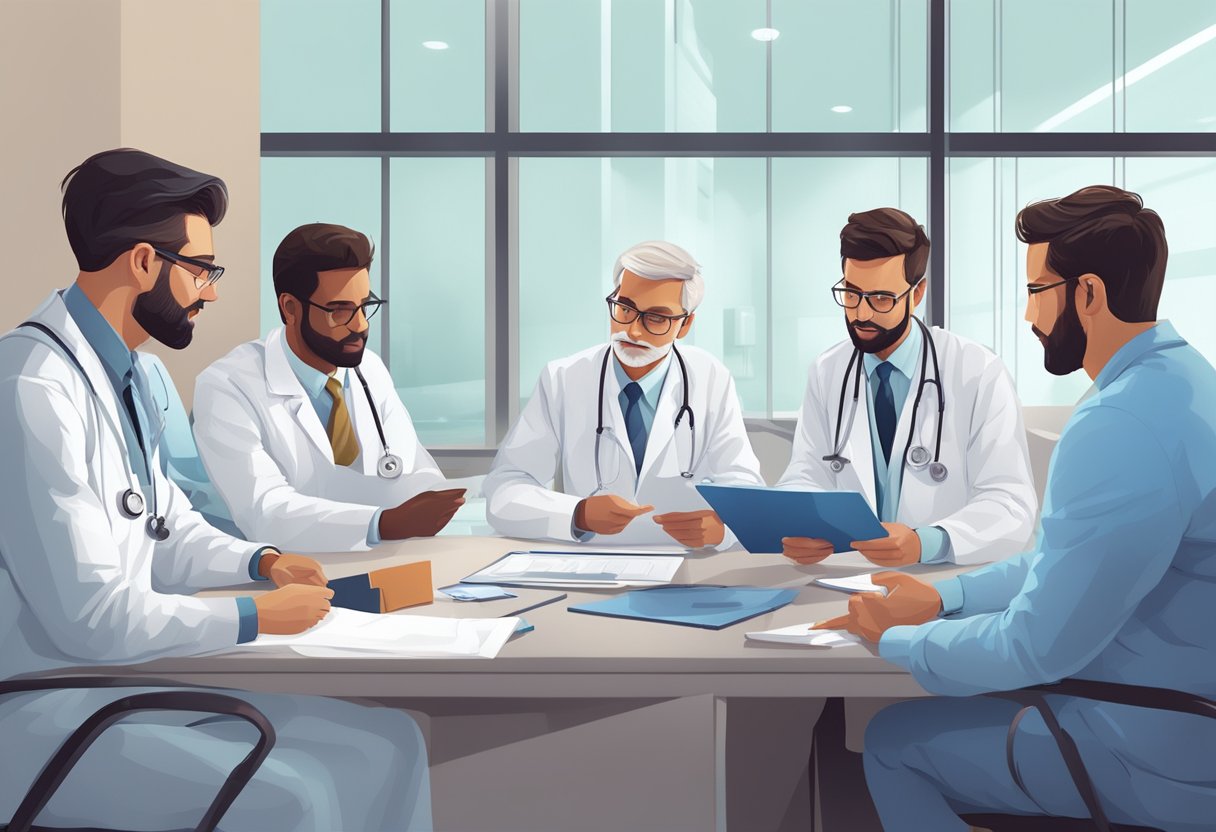 A group of cardiology doctors at TTSH discussing patient cases and reviewing test results in a modern, well-lit hospital conference room