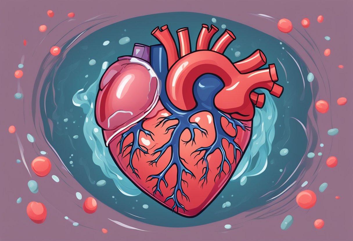 A heart surrounded by fluid, struggling to pump blood. Medications and a weakened heart muscle are present