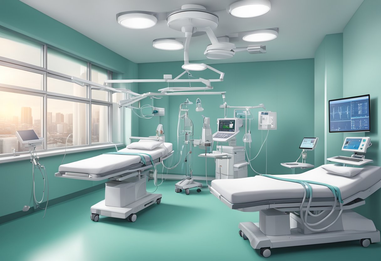 A modern hospital room with advanced medical equipment and a team of cardiology doctors providing comprehensive care at TTSH