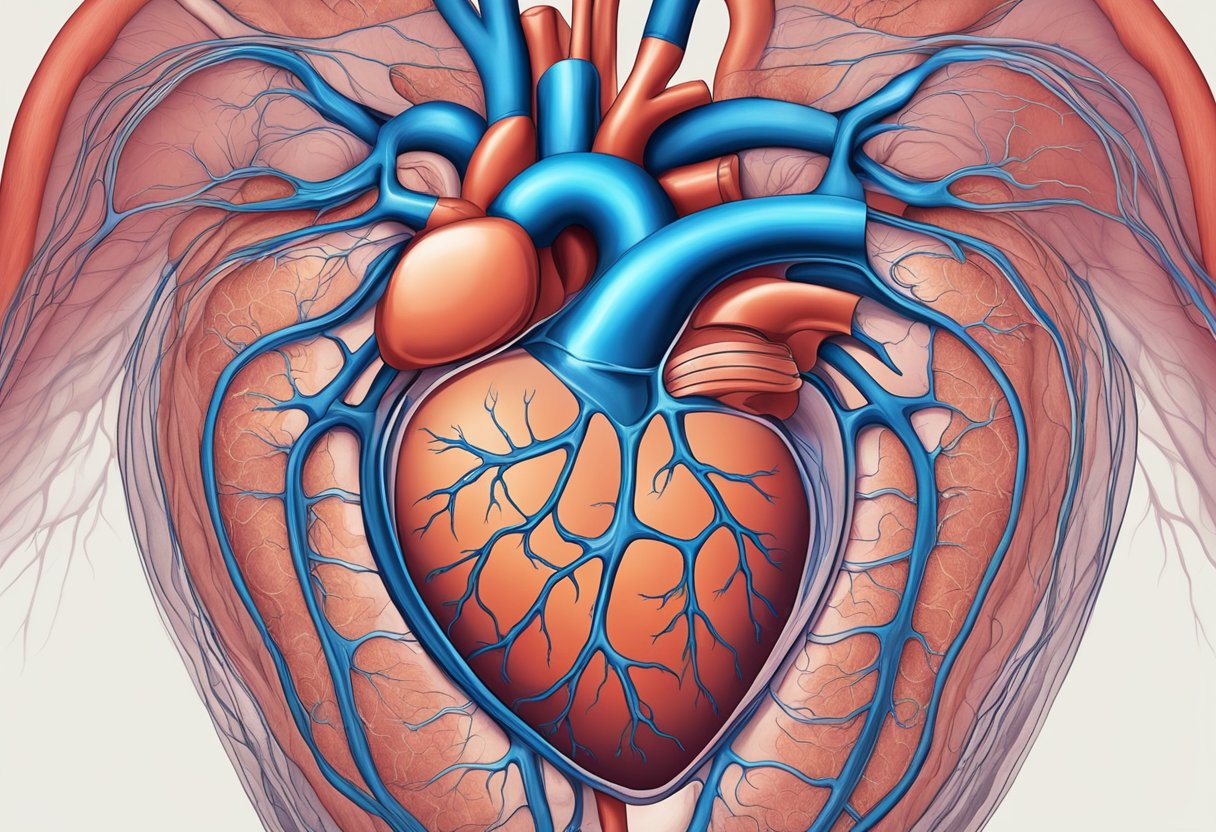 A heart surrounded by fluid-filled lungs, enlarged veins, and weakened muscles