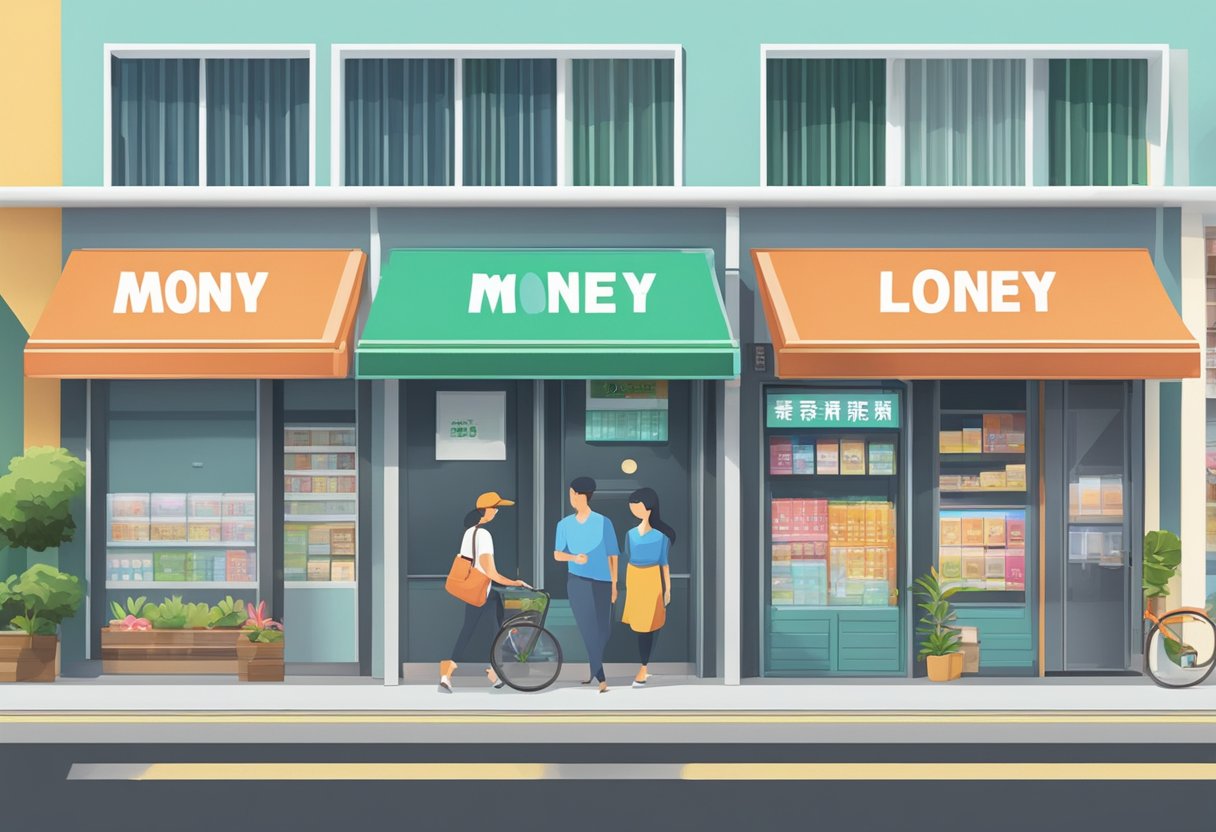 A row of storefronts in Tampines, each displaying a sign with "licensed money lender" in bold letters