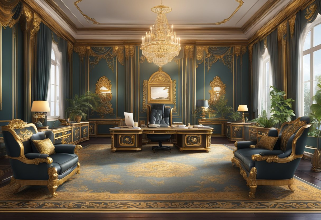 A grand, opulent office with ornate furniture and decadent decor, exuding an aura of wealth and power