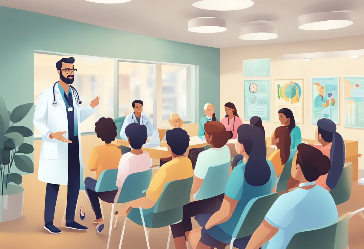 A doctor explaining cardiology FAQs to a group of attentive patients in a bright, modern clinic setting