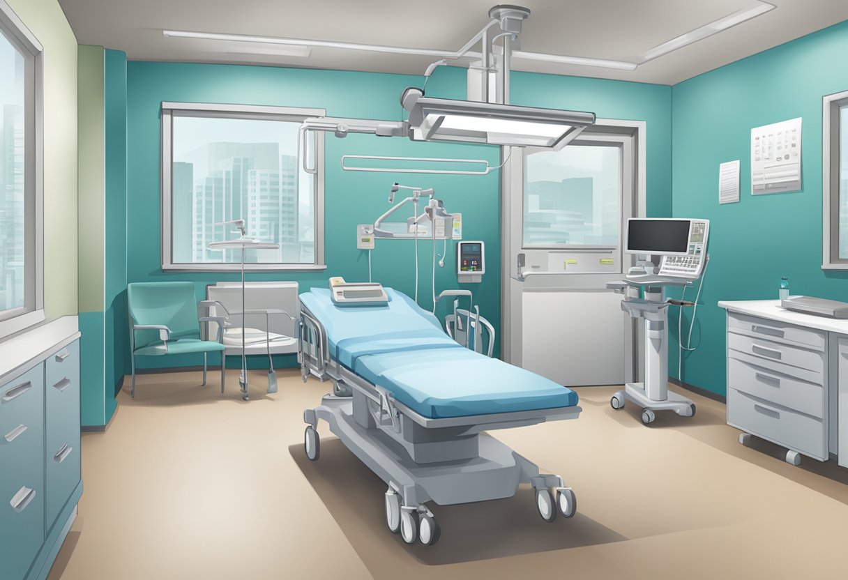 A hospital room with medical equipment and a chart showing improvements in congestive heart failure outcomes