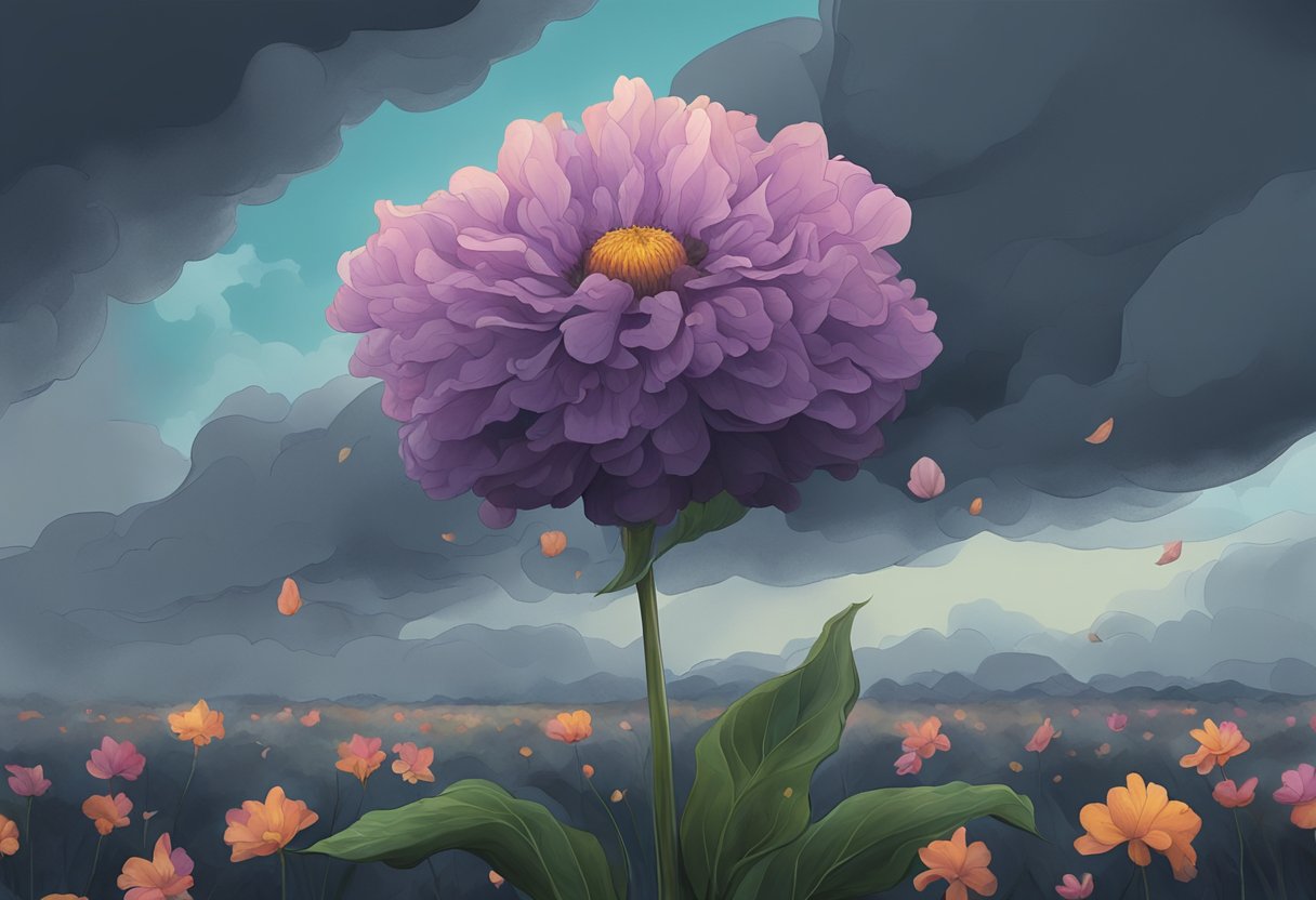 A dark, heavy cloud hovers over a wilted flower, its petals drooping and color faded. The atmosphere is heavy, suffocating, and filled with a sense of hopelessness