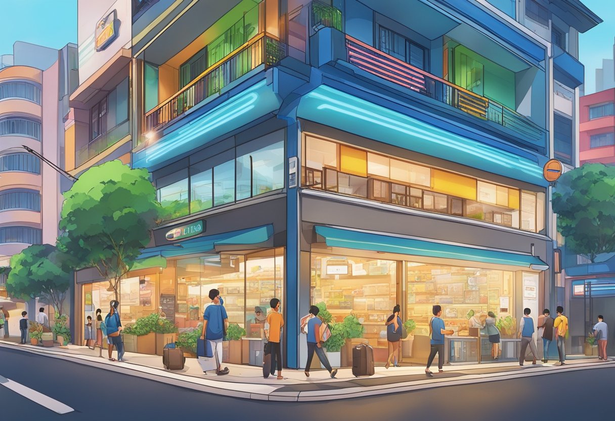 A bustling street in Bedok, Singapore, with a prominent sign for a licensed money lender. The storefront is adorned with bright lights and bold signage, attracting potential borrowers