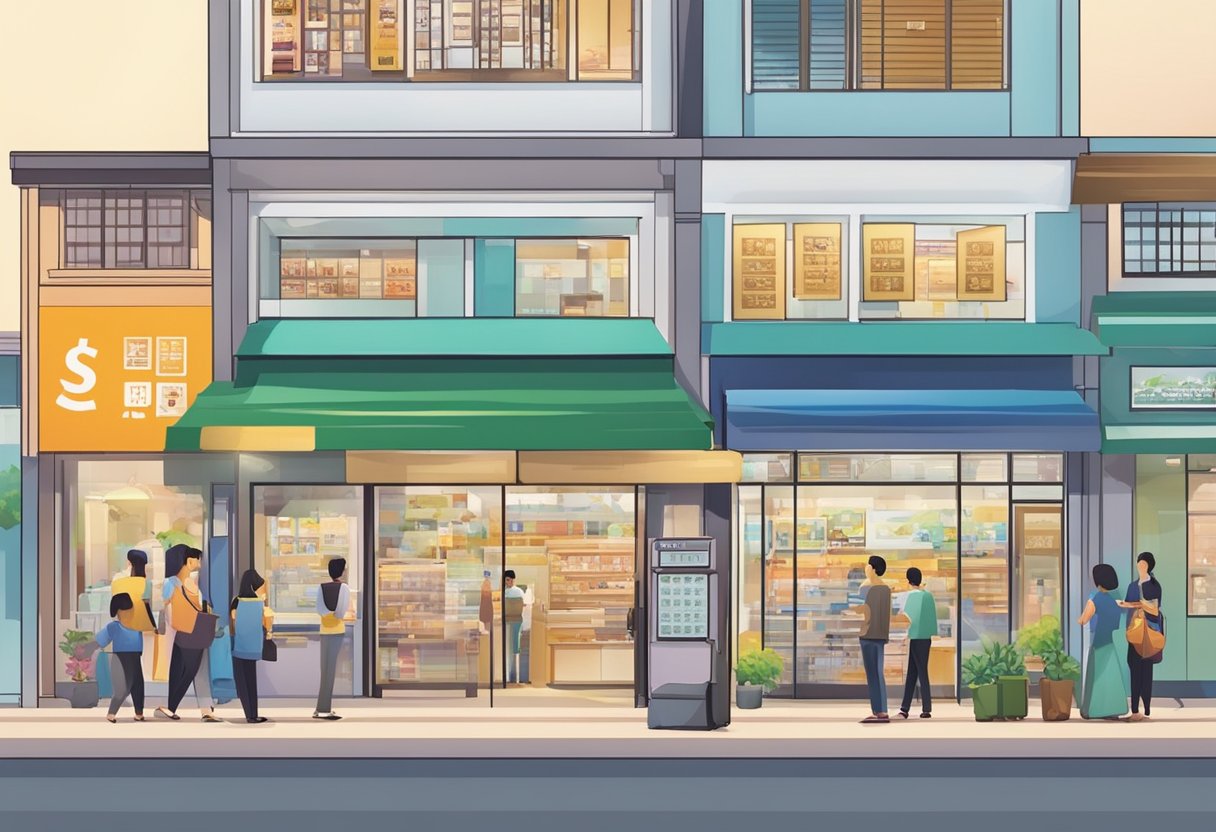 A licensed moneylender's sign in Tampines, surrounded by bustling shops and people. The storefront is clean and professional, with a prominent list of licensed moneylenders displayed prominently