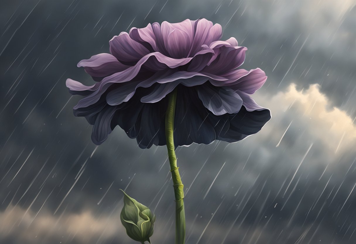 A dark storm cloud hovers over a wilted flower, casting a shadow on its drooping petals. The flower's stem bends under the weight of the heavy rain, symbolizing the weight of depression and heart pain
