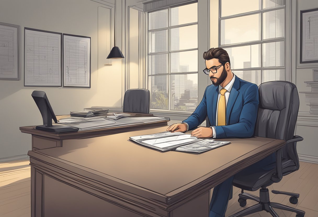 A licensed money lender sits at a desk, displaying a rate chart. The room is well-lit with a professional atmosphere. The lender is focused and attentive to potential clients